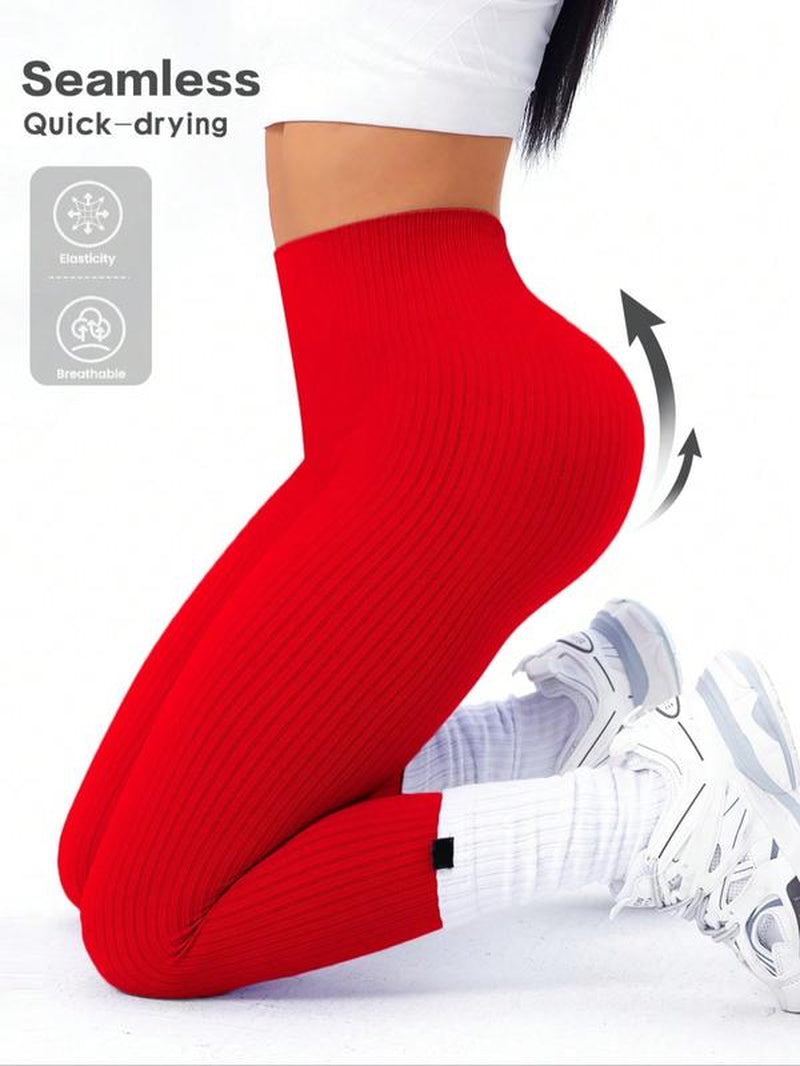 Women'S Solid High Waist Sports Leggings, High Stretch Seamless Yoga Leggings, Ladies Sportswear for Indoor Outdoor Wear