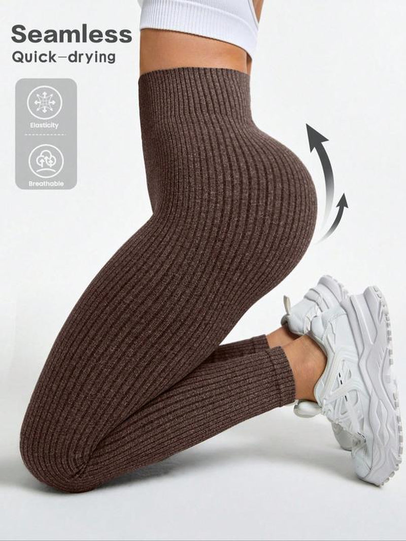 Women'S Solid High Waist Sports Leggings, High Stretch Seamless Yoga Leggings, Ladies Sportswear for Indoor Outdoor Wear
