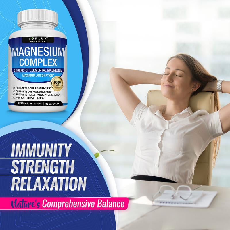 Toplux Magnesium Complex - Essential 1000mg Magnesium Supplement with 8 Key Ingredients