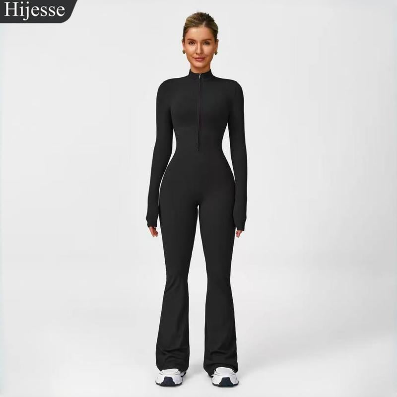 Hijesse Women's Long Sleeve Flared Sports Jumpsuit - Zippered Bodysuit with Wide Legs, Stylish One-Piece Yoga Activewear for Gym, Casual, or Street Wear, Includes Tennis Skirt with Shorts and Tie.