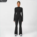 Hijesse Women's Long Sleeve Flared Sports Jumpsuit - Zippered Bodysuit with Wide Legs, Stylish One-Piece Yoga Activewear for Gym, Casual, or Street Wear, Includes Tennis Skirt with Shorts and Tie.