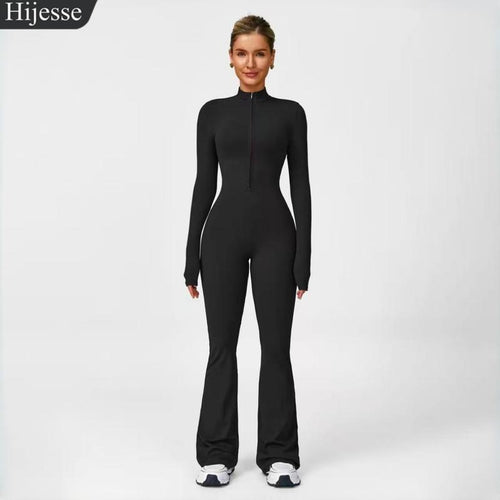 Hijesse Women's Long Sleeve Flared Sports Jumpsuit - Zippered Bodysuit with Wide Legs, Stylish One-Piece Yoga Activewear for Gym, Casual, or Street Wear, Includes Tennis Skirt with Shorts and Tie.