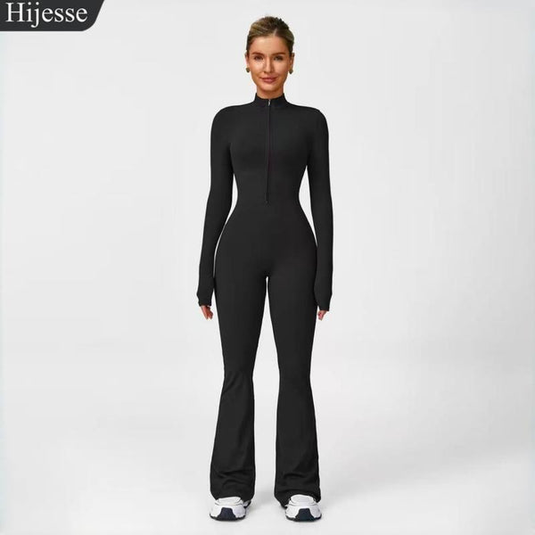 Hijesse Women's Long Sleeve Flared Sports Jumpsuit - Zippered Bodysuit with Wide Legs, Stylish One-Piece Yoga Activewear for Gym, Casual, or Street Wear, Includes Tennis Skirt with Shorts and Tie.