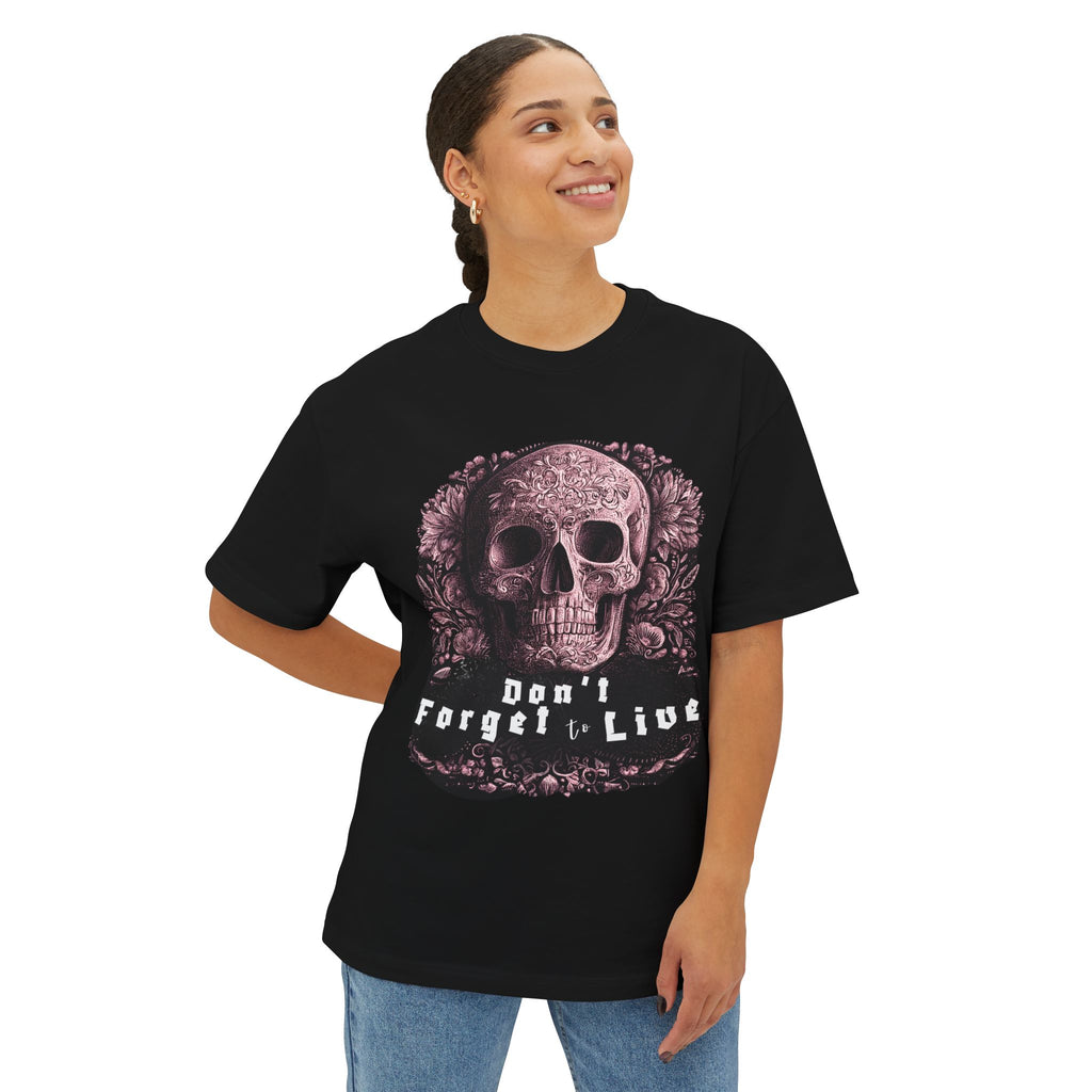 Skull Graphic Tee — "Don't Forget to Live" Oversized Boxy T‑Shirt