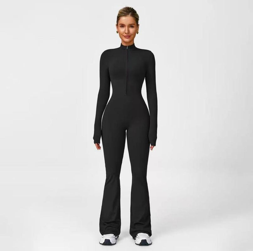 Hijesse Women's Long Sleeve Flared Sports Jumpsuit - Zippered Bodysuit with Wide Legs, Stylish One-Piece Yoga Activewear for Gym, Casual, or Street Wear, Includes Tennis Skirt with Shorts and Tie.