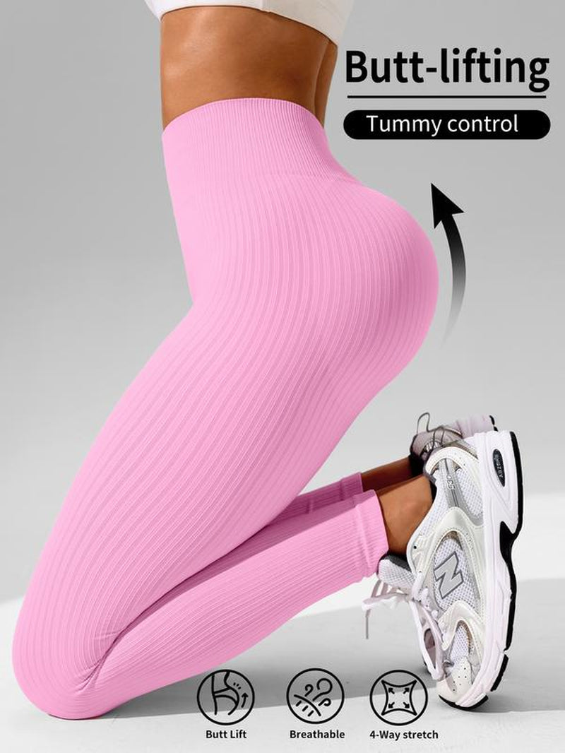 Women'S Solid High Waist Sports Leggings, High Stretch Seamless Yoga Leggings, Ladies Sportswear for Indoor Outdoor Wear