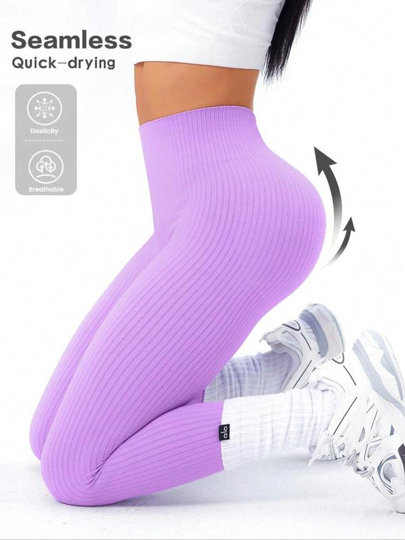 Women'S Solid High Waist Sports Leggings, High Stretch Seamless Yoga Leggings, Ladies Sportswear for Indoor Outdoor Wear