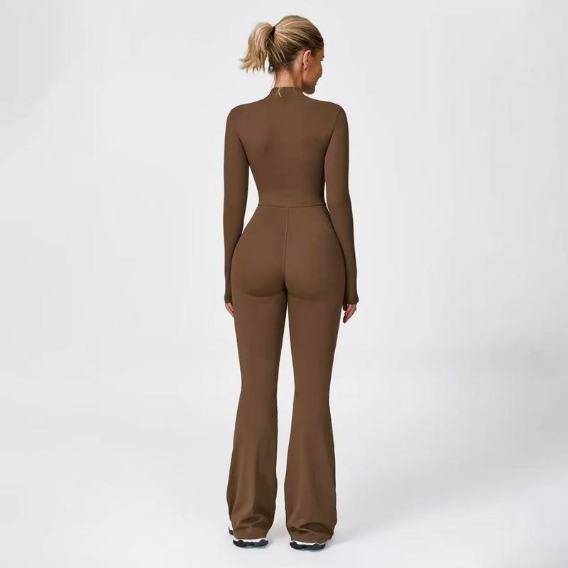 Hijesse Women's Long Sleeve Flared Sports Jumpsuit - Zippered Bodysuit with Wide Legs, Stylish One-Piece Yoga Activewear for Gym, Casual, or Street Wear, Includes Tennis Skirt with Shorts and Tie.