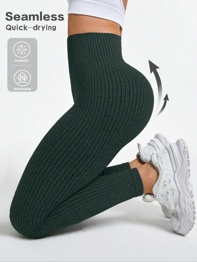 Women'S Solid High Waist Sports Leggings, High Stretch Seamless Yoga Leggings, Ladies Sportswear for Indoor Outdoor Wear