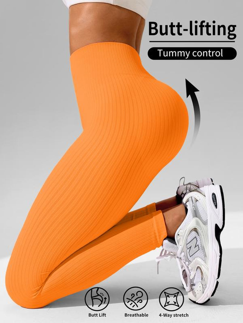 Women'S Solid High Waist Sports Leggings, High Stretch Seamless Yoga Leggings, Ladies Sportswear for Indoor Outdoor Wear