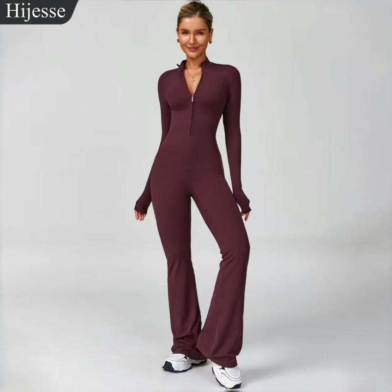 Hijesse Women's Long Sleeve Flared Sports Jumpsuit - Zippered Bodysuit with Wide Legs, Stylish One-Piece Yoga Activewear for Gym, Casual, or Street Wear, Includes Tennis Skirt with Shorts and Tie.