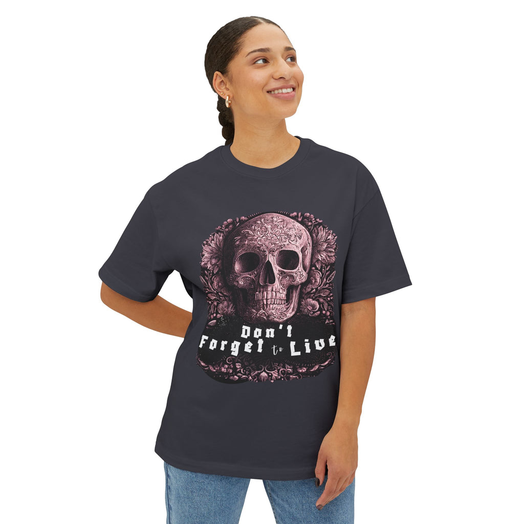 Skull Graphic Tee — "Don't Forget to Live" Oversized Boxy T‑Shirt