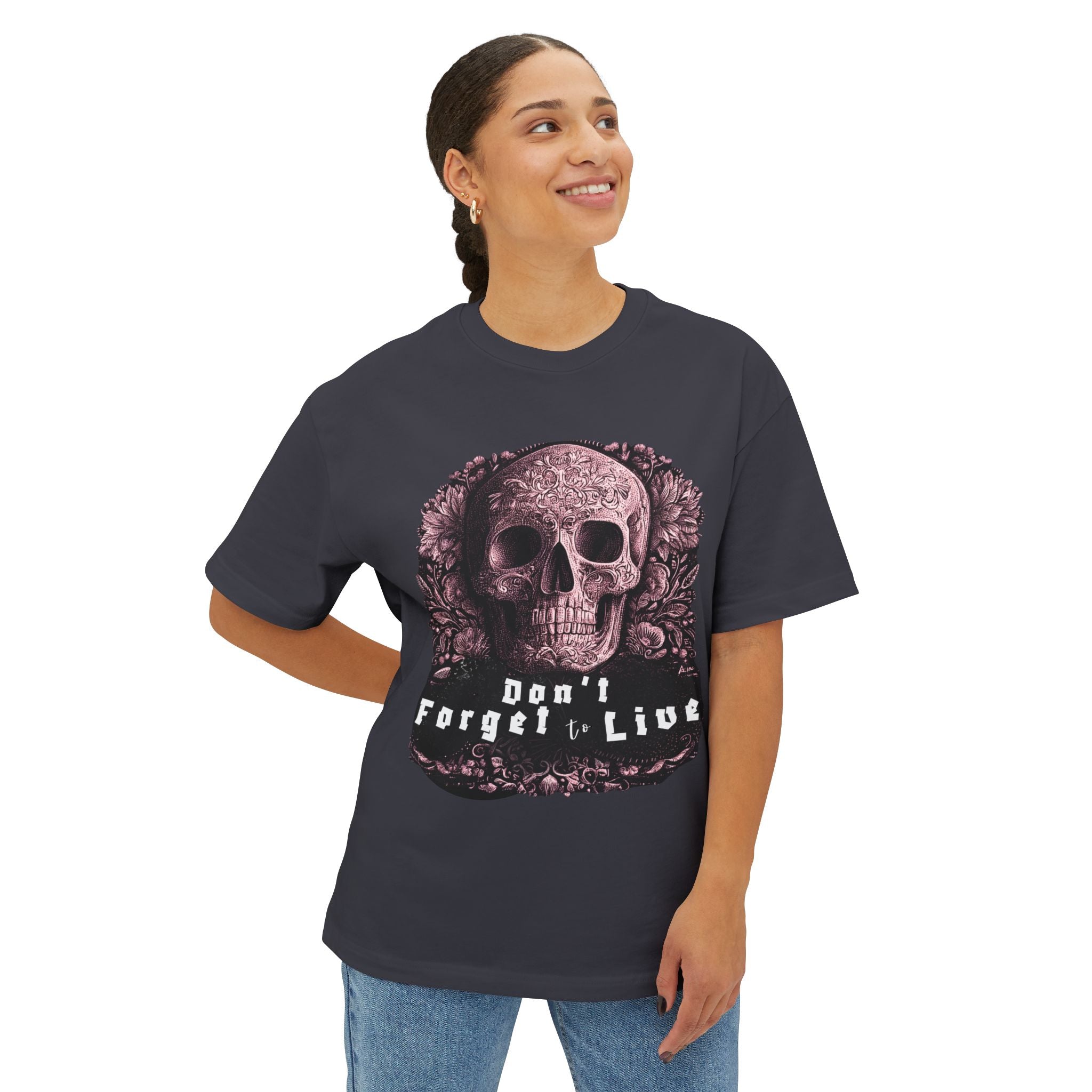 Skull Graphic Tee — "Don't Forget to Live" Oversized Boxy T‑Shirt