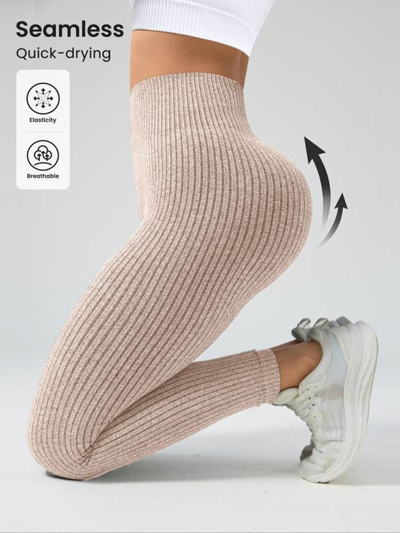 Women'S Solid High Waist Sports Leggings, High Stretch Seamless Yoga Leggings, Ladies Sportswear for Indoor Outdoor Wear