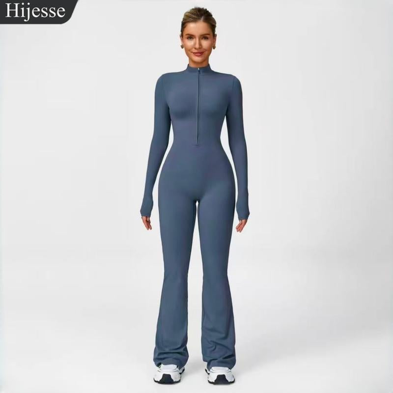 Hijesse Women's Long Sleeve Flared Sports Jumpsuit - Zippered Bodysuit with Wide Legs, Stylish One-Piece Yoga Activewear for Gym, Casual, or Street Wear, Includes Tennis Skirt with Shorts and Tie.