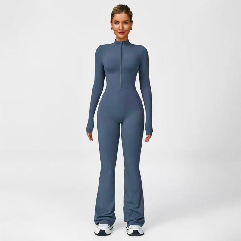 Hijesse Women's Long Sleeve Flared Sports Jumpsuit - Zippered Bodysuit with Wide Legs, Stylish One-Piece Yoga Activewear for Gym, Casual, or Street Wear, Includes Tennis Skirt with Shorts and Tie.