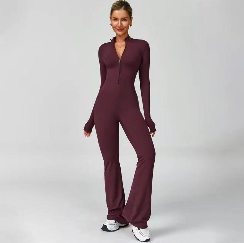 Hijesse Women's Long Sleeve Flared Sports Jumpsuit - Zippered Bodysuit with Wide Legs, Stylish One-Piece Yoga Activewear for Gym, Casual, or Street Wear, Includes Tennis Skirt with Shorts and Tie.