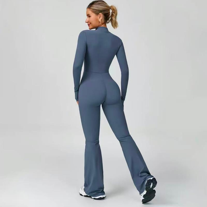 Hijesse Women's Long Sleeve Flared Sports Jumpsuit - Zippered Bodysuit with Wide Legs, Stylish One-Piece Yoga Activewear for Gym, Casual, or Street Wear, Includes Tennis Skirt with Shorts and Tie.