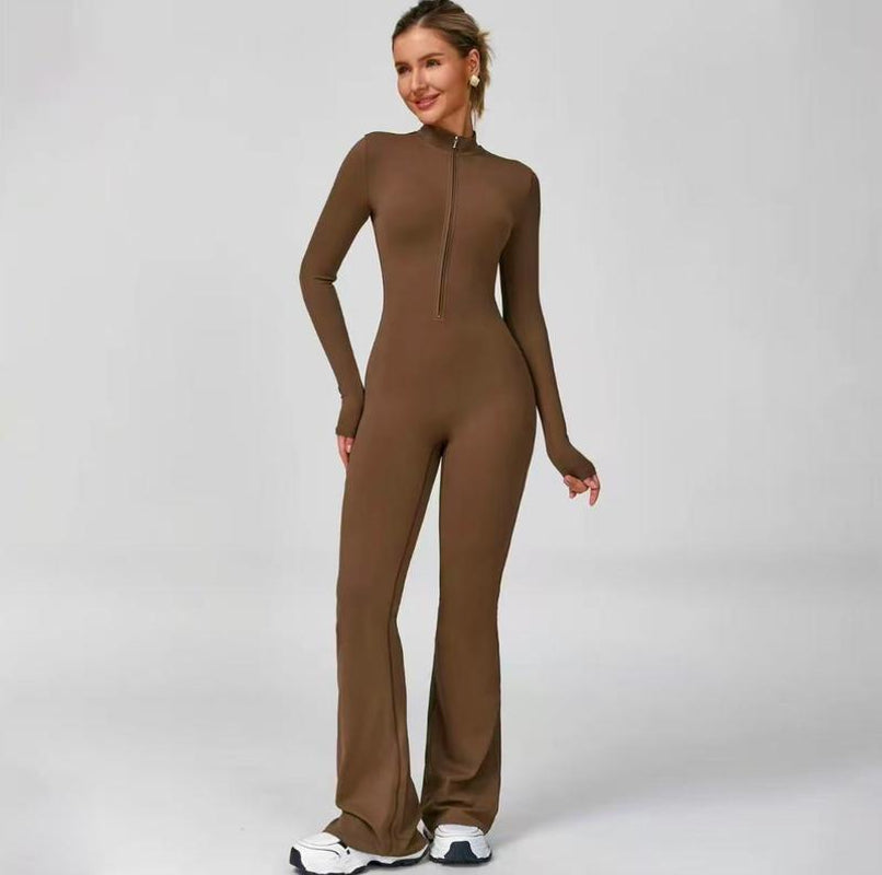 Hijesse Women's Long Sleeve Flared Sports Jumpsuit - Zippered Bodysuit with Wide Legs, Stylish One-Piece Yoga Activewear for Gym, Casual, or Street Wear, Includes Tennis Skirt with Shorts and Tie.