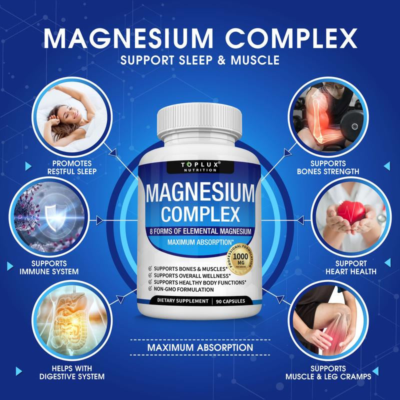 Toplux Magnesium Complex - Essential 1000mg Magnesium Supplement with 8 Key Ingredients