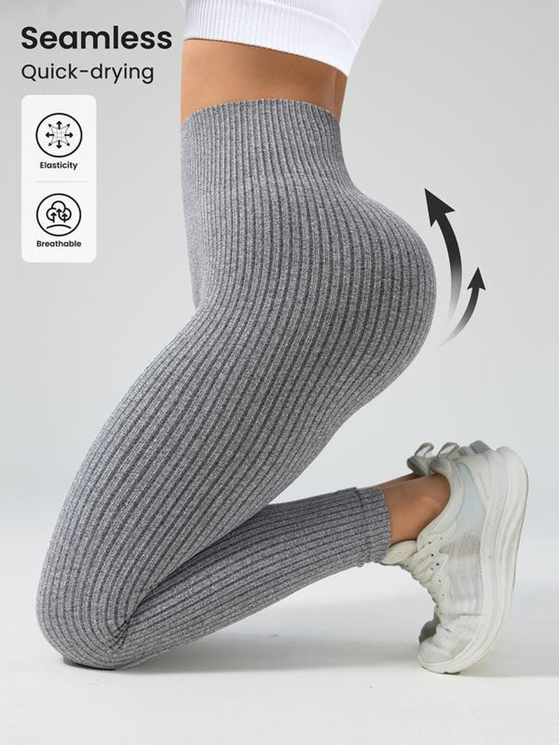 Women'S Solid High Waist Sports Leggings, High Stretch Seamless Yoga Leggings, Ladies Sportswear for Indoor Outdoor Wear