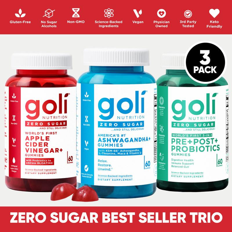 Zero Sugar Best Seller Trio - Revolutionary 3-In-1 Pre, Post, and Probiotic Formula with Apple Cider Vinegar, Vitamin B12, Ashwagandha, L-Theanine, and Vitamin D Gummies. Gluten-Free, Vegan, Non-GMO, and Gelatin-Free.