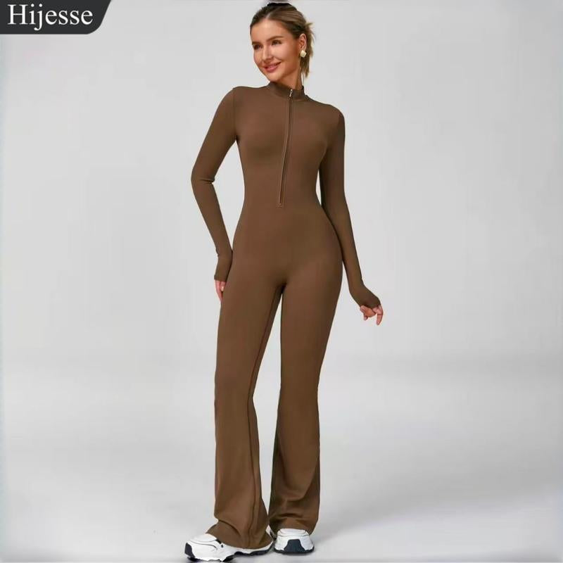 Hijesse Women's Long Sleeve Flared Sports Jumpsuit - Zippered Bodysuit with Wide Legs, Stylish One-Piece Yoga Activewear for Gym, Casual, or Street Wear, Includes Tennis Skirt with Shorts and Tie.