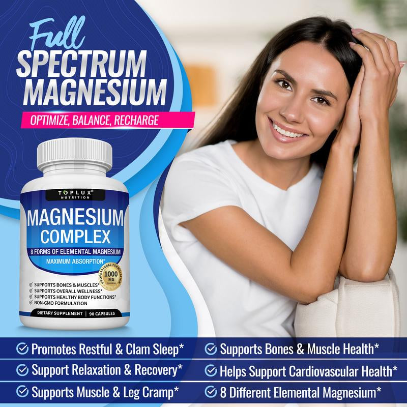 Toplux Magnesium Complex - Essential 1000mg Magnesium Supplement with 8 Key Ingredients