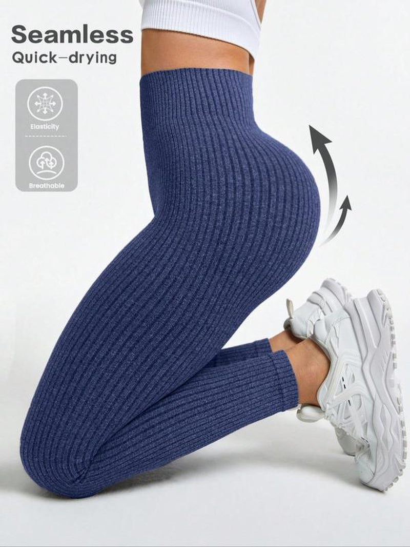 Women'S Solid High Waist Sports Leggings, High Stretch Seamless Yoga Leggings, Ladies Sportswear for Indoor Outdoor Wear