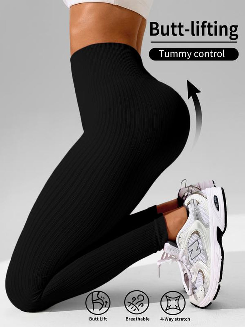 Women'S Solid High Waist Sports Leggings, High Stretch Seamless Yoga Leggings, Ladies Sportswear for Indoor Outdoor Wear